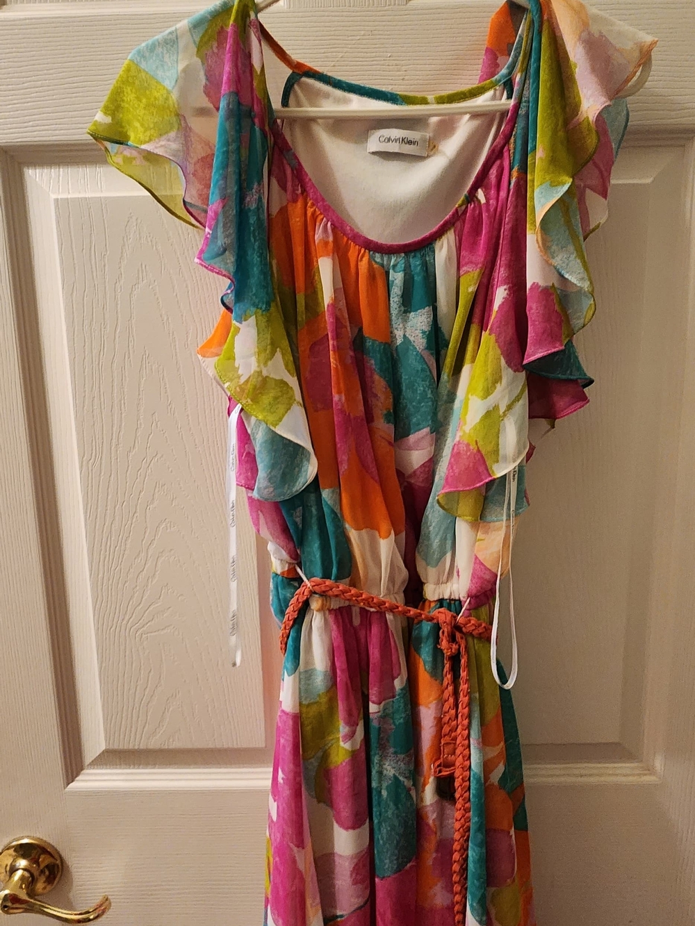 Calvin Klein Pink, Teal & Orange Abstract Ruffle Maxi Dress